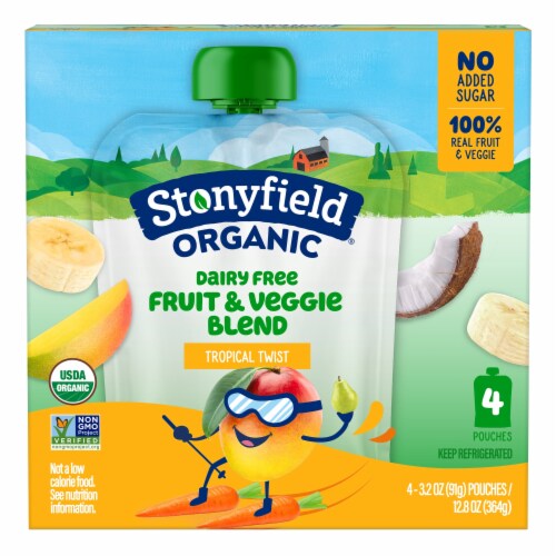 Stonyfield Organic Dairy Free Smoothie Pouches, Tropical Twist Perspective: front