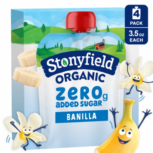 Stonyfield Organic Kids Zero Grams Added Sugar Banilla Whole Milk Yogurt, 3.5 oz Pouches, 4 ct Pack Perspective: front