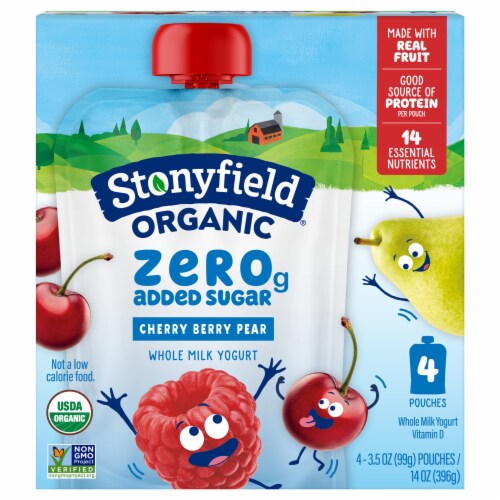 Stonyfield Organic® Kids Zero Sugar Cherry Berry Pear Yogurt Pouches Perspective: front