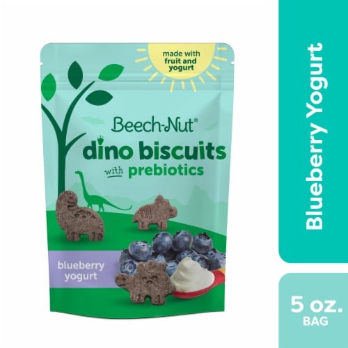 Beech-Nut® Prebiotic Dino Biscuits Stage 4 Blueberry Yogurt Toddler Biscuits Snack Bag Perspective: front