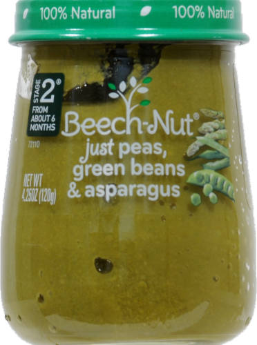 Beech-Nut Stage 2 Just Peas Green Beans and Asparagus Baby Food Jar Perspective: front