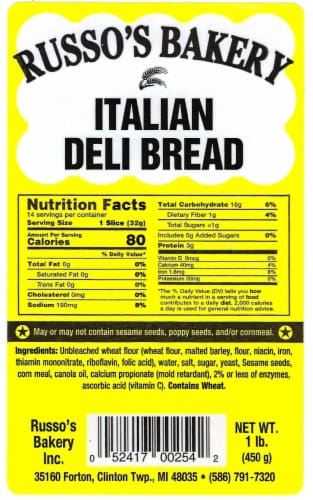Russo's Bakery Italian Deli Bread Perspective: front