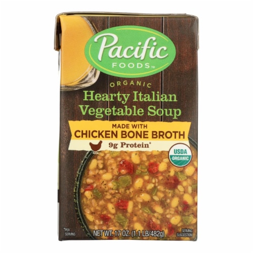 Pacific Foods Organic Chicken Bone Broth Hearty Italian Vegetable Soup Perspective: front