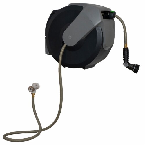 EarthWay Products 50 Foot Hose w/ Nozzle, Retractable Storage Drum, & Wall Mount Perspective: front