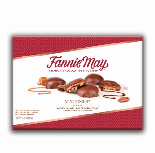 Fannie May Mini Pixies Milk Chocolate Caramel & Pecans Candy Box Perspective: front