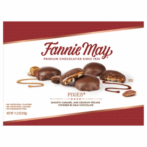 Fannie May Milk Chocolate Pixies with Caramel & Pecans Candy Box Perspective: front