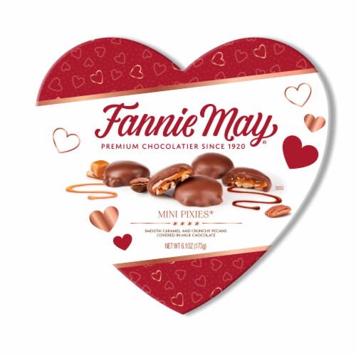 Fannie May Premium Mini Pixies® Smooth Caramel & Crunchy Pecans in Milk Chocolate Easter Candy Heart Perspective: front