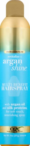 OGX® Revitalize + Argan Shine Extra Strength Multi-Benefit Hairspray Perspective: front