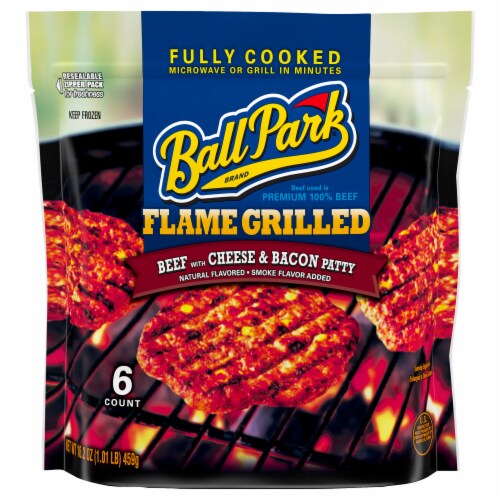 Ball Park® Frozen Fully-Cooked Flame Grilled Beef with Cheese and Bacon Patties Perspective: front
