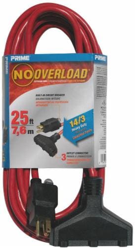 Prime® Red Triple-Tap Circuit Breaker Extension Cord Perspective: front