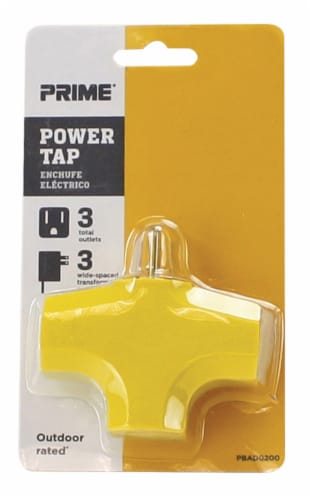 Prime® Wire & Cable 3-Outlet 90 Degree Yellow Power Adapter Perspective: front