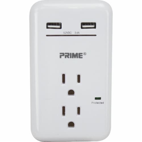 Prime 125V 2-Outlet & 3.4A 2-USB Charger With Surge Protection - White Perspective: front
