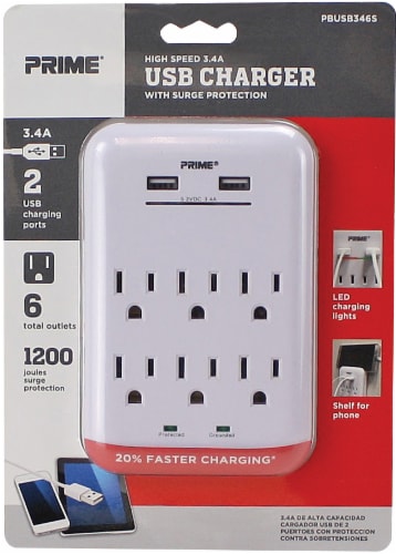 Prime® USB Charger and Surge Protector - White Perspective: front