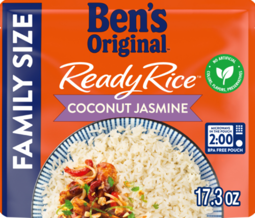 Ben's Original Ready Rice Coconut Jasmine Family Size Rice, Easy Dinner Side, 17.3 oz Pouch Perspective: front
