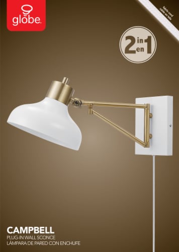 Berkeley 1-Light Plug-In or Hardwire Swing Arm Wall Sconce, White, Brass Accents Perspective: front