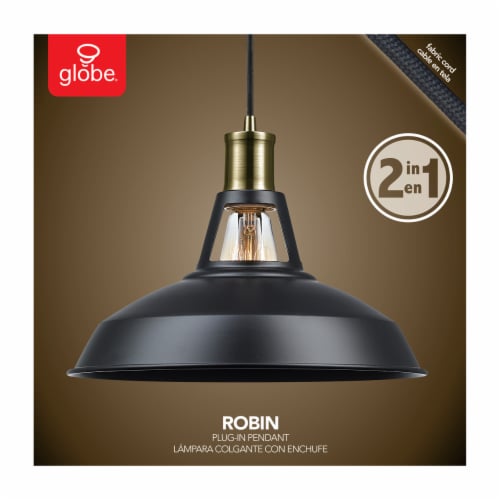 Robin 1-Light Plug-In or Hardwire Pendant - Satin Black With Antique Brass Accents Perspective: front