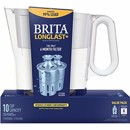 Brita Large 10-Cup Water Filter Pitcher with 2 Longlast+ Filters, Wave Perspective: front