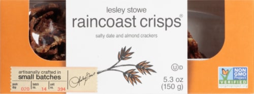 Lesley Stowe's Raincoast Crisps® Salty Date & Almond Crackers Perspective: front
