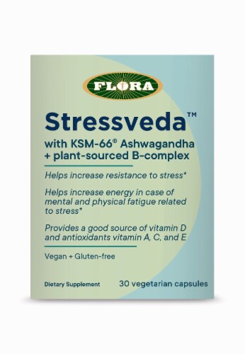 Flora Stressveda with KSM-66 Ashwagandha + Plant-Sourced B-Complex Vegetarian Capsules Perspective: front