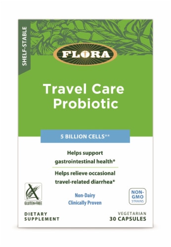 Flora Travel Care Probiotic Dietary Supplement Capsules Perspective: front