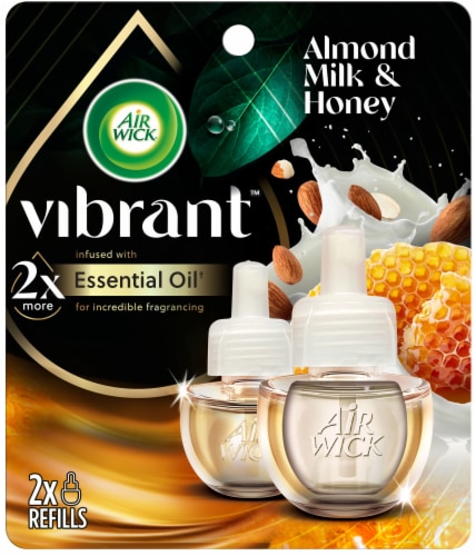 Air Wick Vibrant Scented Oil Refill, Plug In Air Freshener, Almond Milk and Honey, 2 refills Perspective: front