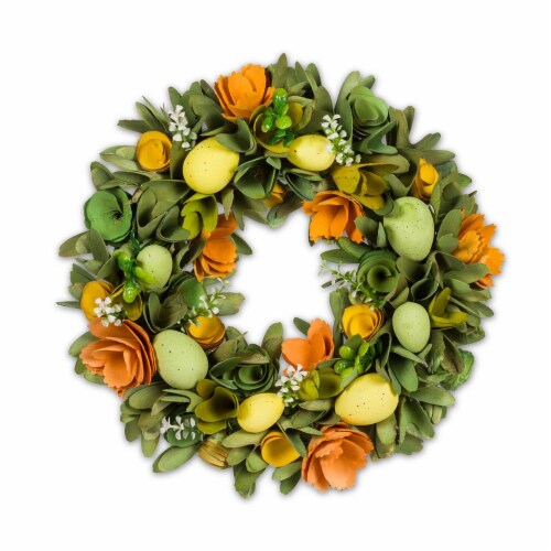 Abbott Collections AB-27-CADBURY-351 13 in. Specked Yellow & Green Eggs with Orange Flowers & Perspective: front