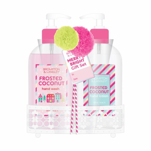 M&b 2pc Caddy Set: Frosted Coconut Hand Wash & Frosted Coconut Hand Lotion - Wooden Tray Perspective: front