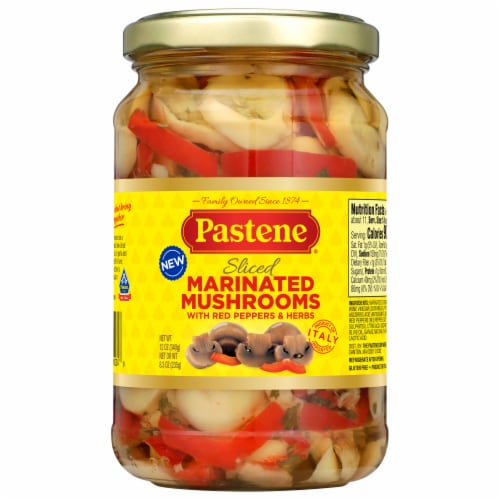 Pastene® Sliced Marinated Mushrooms with Red Peppers & Herbs Perspective: front