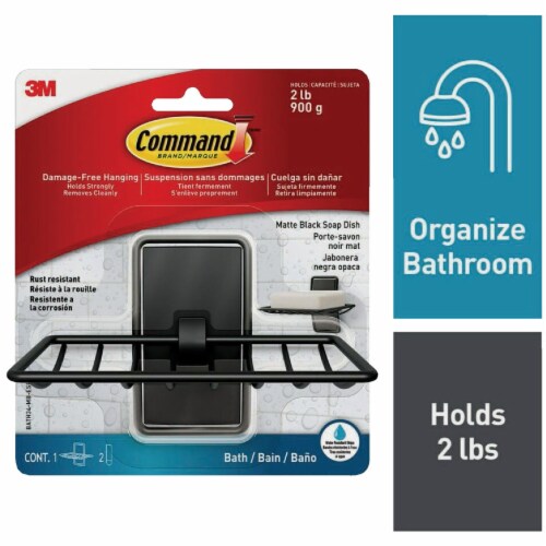 Command Adhesive Soap Dish, Matte Black, 2 Medium Water-Resistant Strips Perspective: front