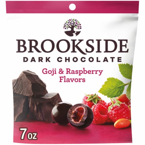 BROOKSIDE Dark Chocolate Goji and Raspberry Flavored Snacking Chocolate Bag Perspective: front