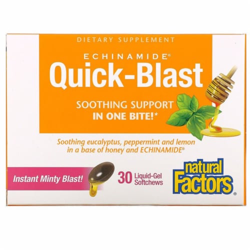 Natural Factors Echinamide Quick-Blast,Soothe Throat/Sinuses,Honey Lemon,30Liq-Gel Sft Chews Perspective: front