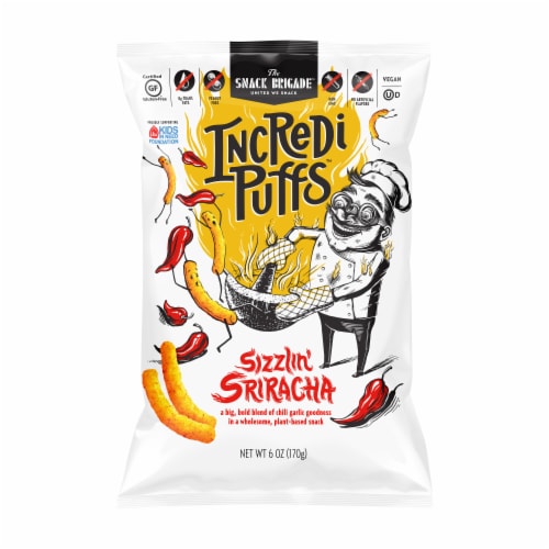 The Snack Brigade IncrediPuffs Sizzlin Sriracha Plant-Based Snack Perspective: front