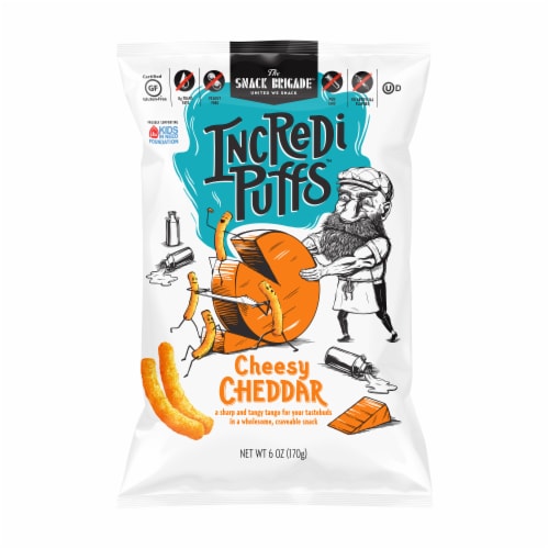 The Snack Brigade IncrediPuffs Cheesy Cheddar Plant-Based Snack Perspective: front