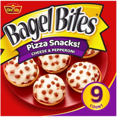 Bagel Bites Cheese & Pepperoni Mini Pizza Bagel Frozen Snacks, Box Perspective: front