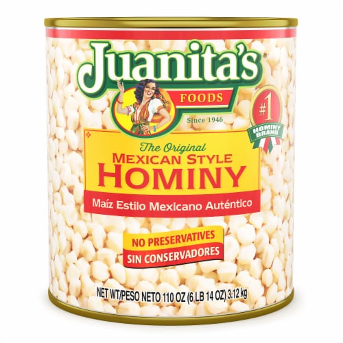 Juanita’s Foods Mexican Style Hominy, 110 oz, Can Perspective: front