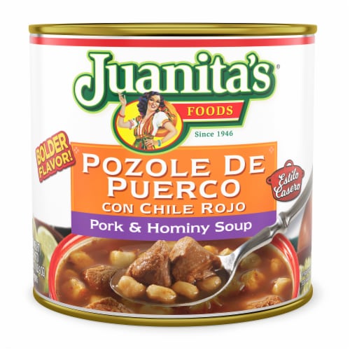 Juanita’s Foods Ready to Serve Pork Pozole with Red Chile Soup, 25 oz Can Perspective: front