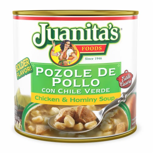 Juanita’s Foods Ready to Serve Chicken Pozole with Green Chile Soup, 25 oz Can Perspective: front