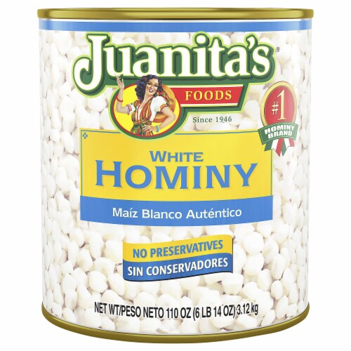 Juanita’s Foods White Hominy, 110 oz, Can Perspective: front