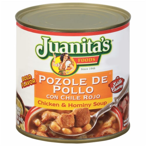 Juanita's Pozole De Pollo Chicken & Hominy  with Red Chilies Soup Perspective: front