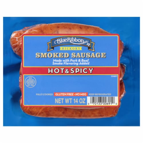 Blue Ribbon Hickory Smoked Hot & Spicy Sausage 14 oz Perspective: front