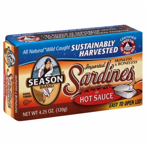 Season Skinless Brand Boneless Sardines in Hot Sauce Perspective: front