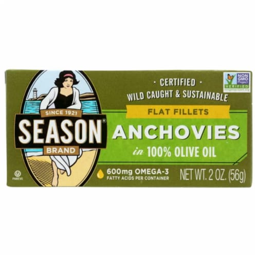 Season Brand Flat Fillets of Anchovies in Pure Olive Oil Perspective: front