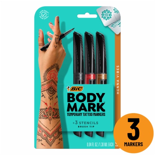 BIC BodyMark Temporary Tattoo Marker, Brush Tip and Fine Tip, Assorted  Colors, 8 Count (Includes 6 Stencils) 