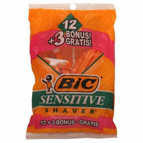 Bic Classic Sensitive  Shaver Disposable Razor 12 Pack Plus 3 Bonus Perspective: front
