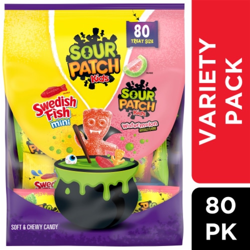 SOUR PATCH KIDS and SWEDISH FISH Mini Halloween Candy Variety Pack Perspective: front