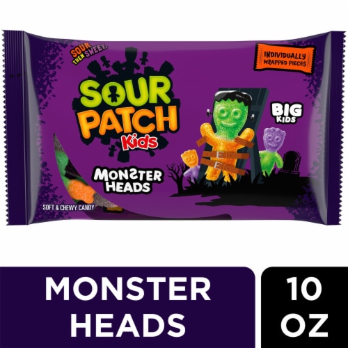SOUR PATCH KIDS Big Kids Monster Heads Individually Wrapped Soft & Chewy Halloween Candy Perspective: front