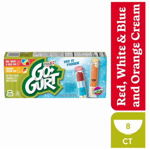 Go GURT Red White and Blue and Orange Cream Pop Kids Fat Free Yogurt Tubes Perspective: front