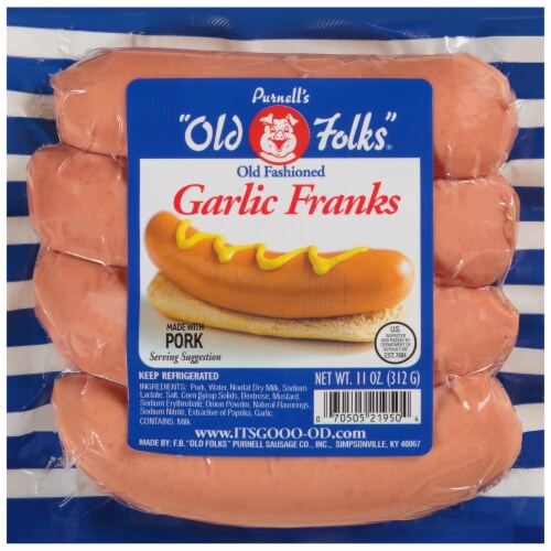 Purnell's Old Folks Old Fashioned Pork Garlic Franks Perspective: front