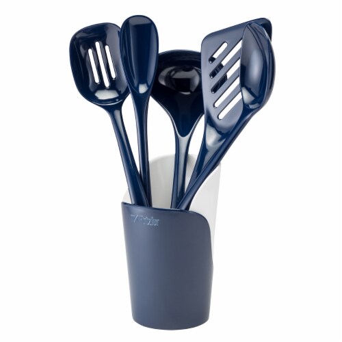 Hutzler Melamine Utensils and Crock Set - Cobalt Perspective: front
