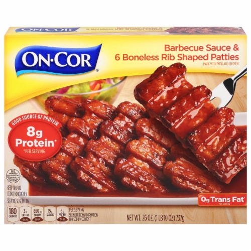 On-Cor® BBQ Sauce & Boneless Rib Shaped Patties Family Size Frozen Meal Perspective: front